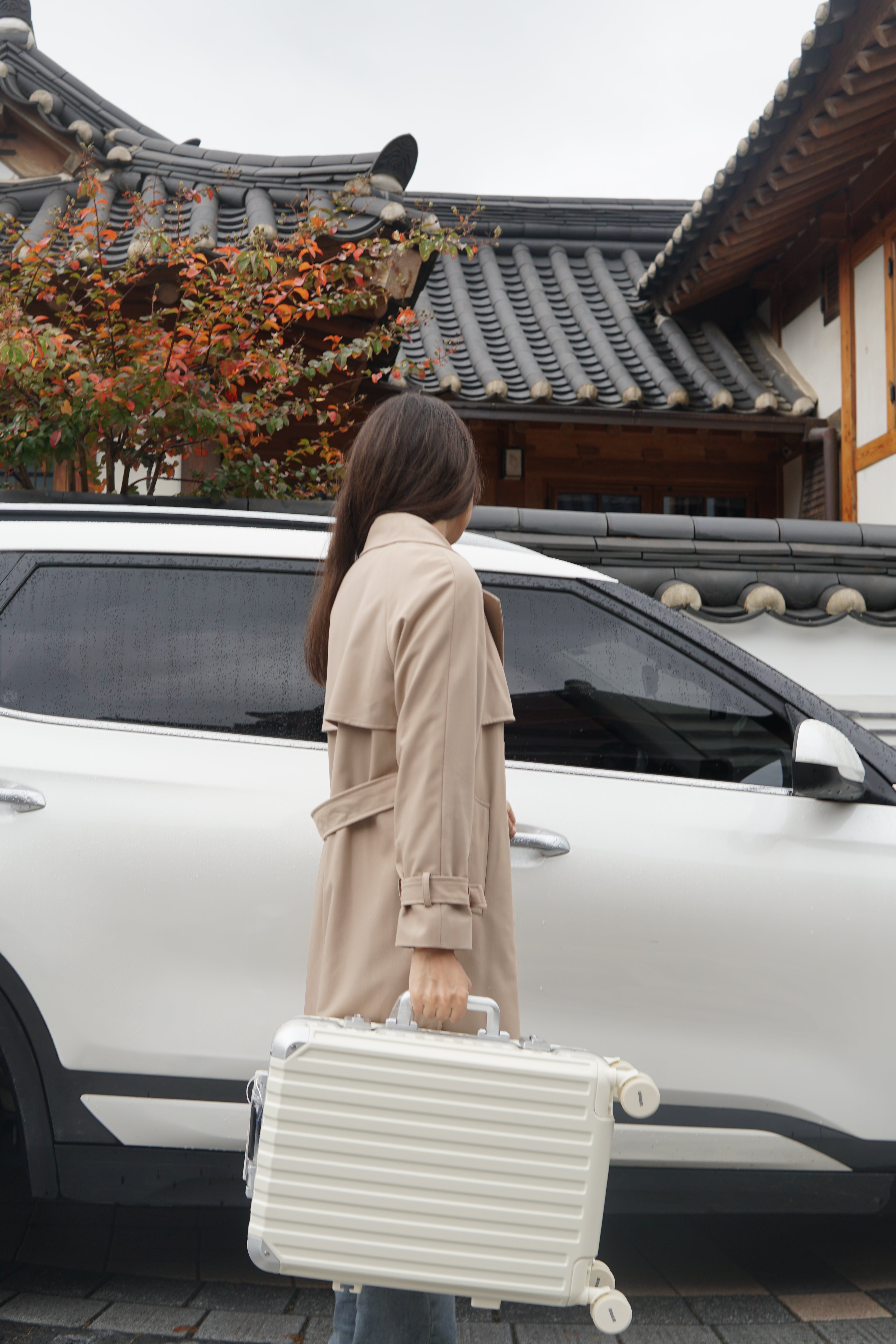 a woman carrying a cabin luggage opening the car door